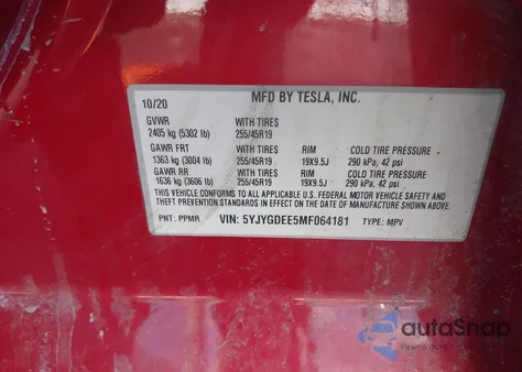 2021 Tesla Model Y Long Range Dual Motor All-Wheel Drive from USA, damaged, VIN 5YJYGDEE5MF064181